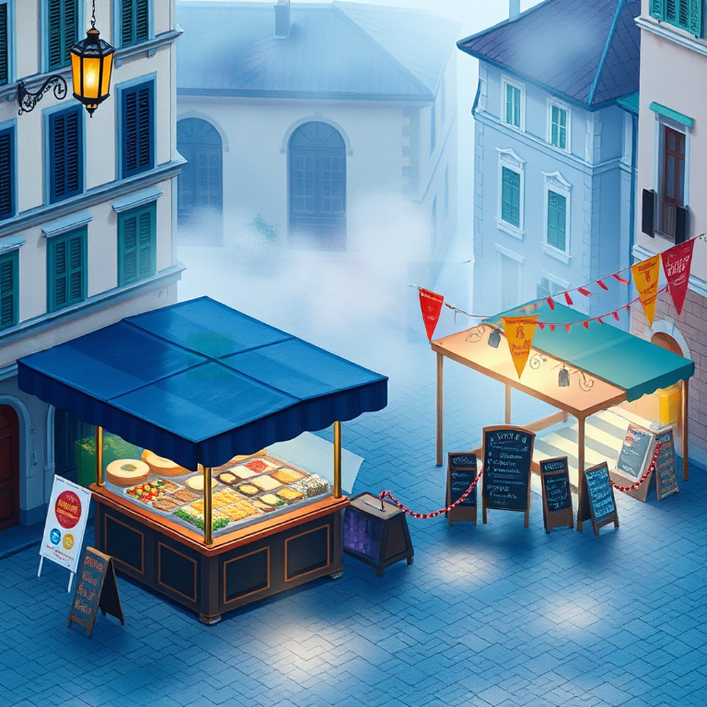 Image B of the puzzle: 1900s italian piazza street vendor stall selling fruit and pastries