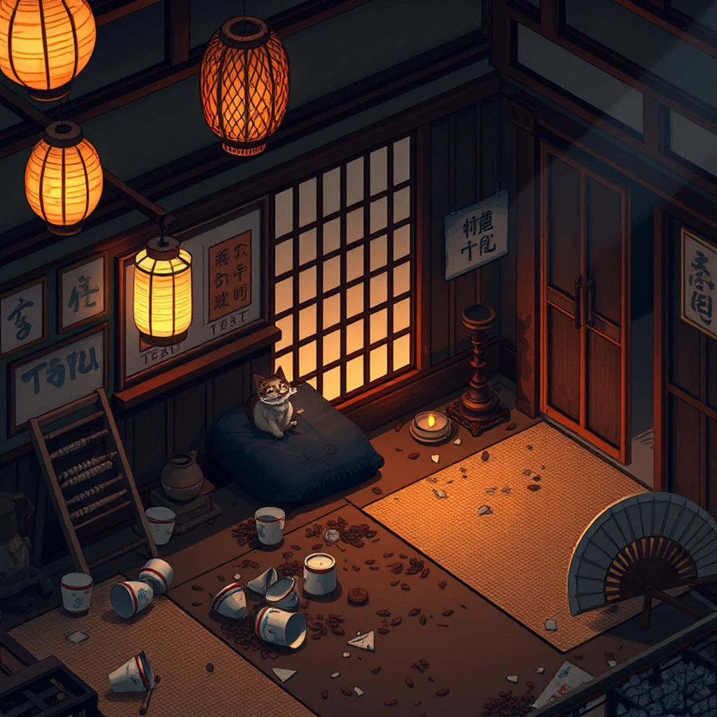 Image A of the puzzle: 1910s japanese tea house interior with tatami mats and paper lanterns
