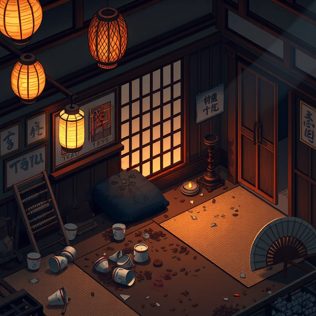 Image B of the puzzle: 1910s japanese tea house interior with tatami mats and paper lanterns