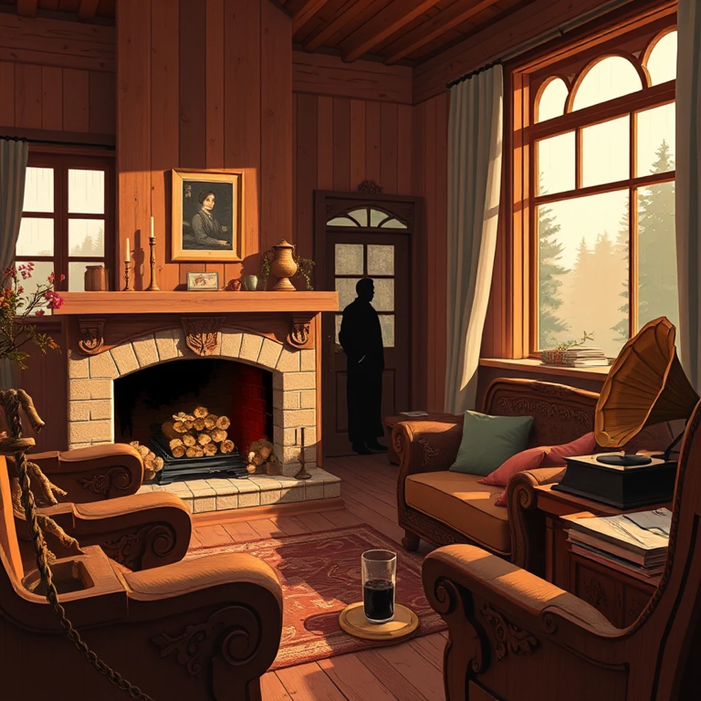 Image A of the puzzle: 1920s austrian alpine chalet living room with carved wooden furniture