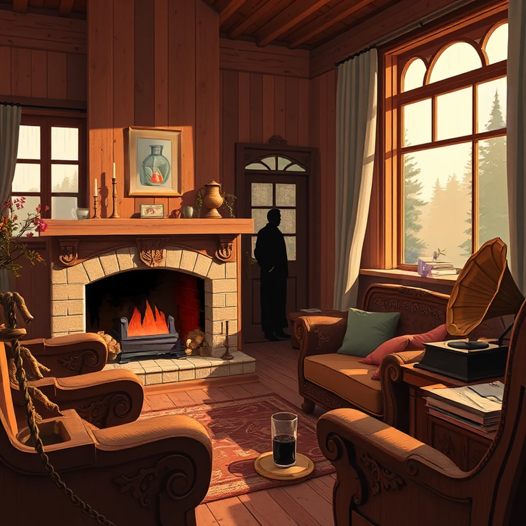 Image B of the puzzle: 1920s austrian alpine chalet living room with carved wooden furniture
