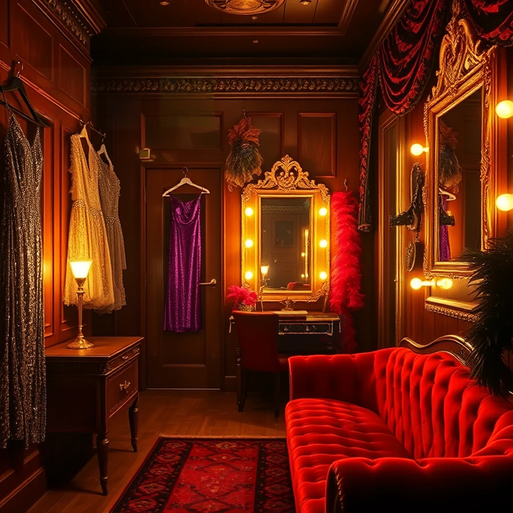Image A of the puzzle: 1920s Berlin cabaret backstage dressing room with sequined costumes on hooks