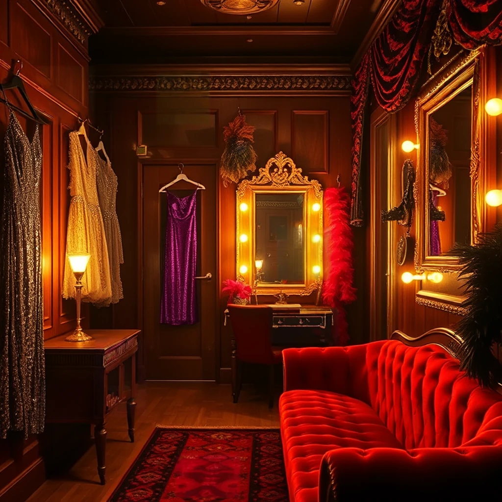 Image B of the puzzle: 1920s Berlin cabaret backstage dressing room with sequined costumes on hooks