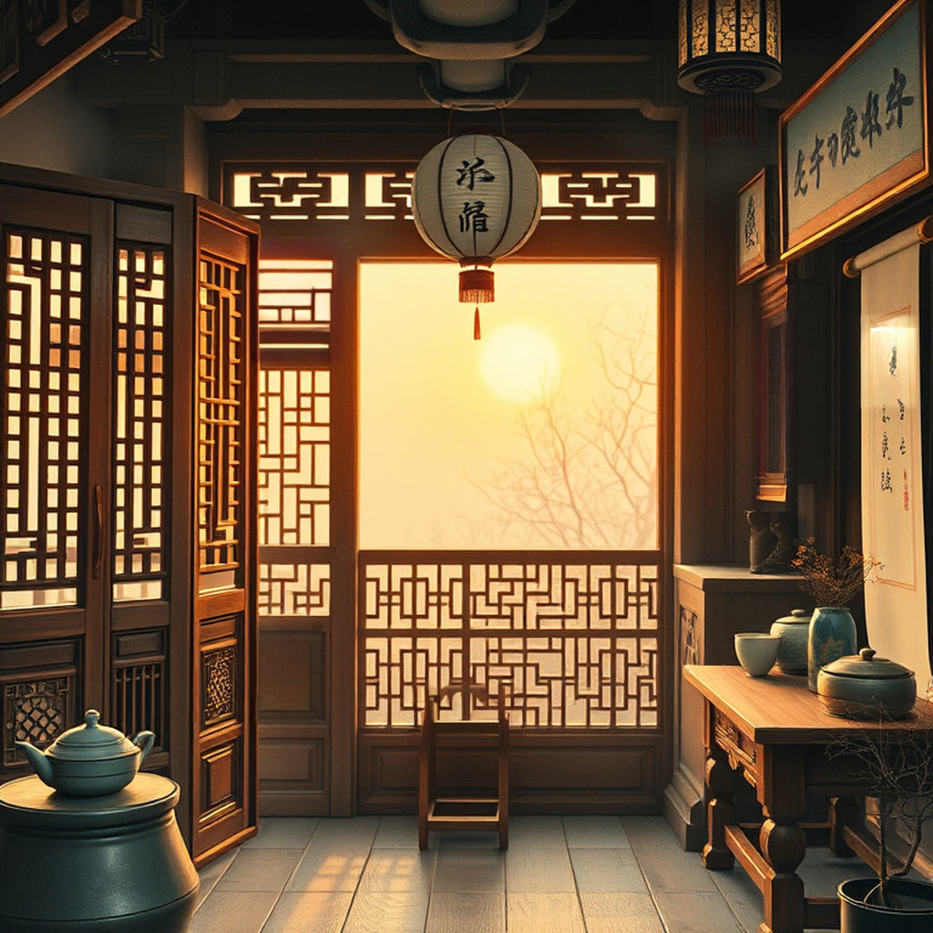 Image B of the puzzle: 1920s chinese countryside teahouse interior for winter tea gatherings