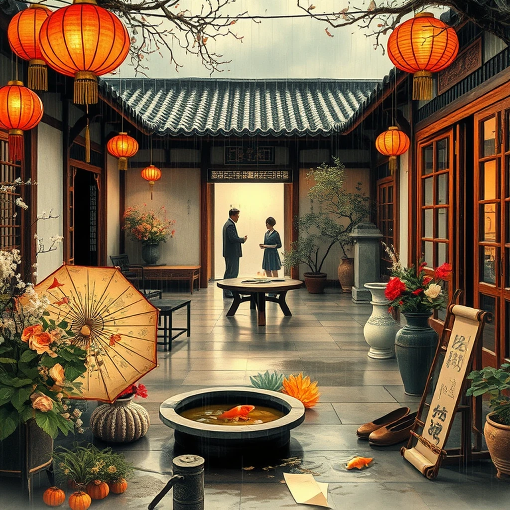 Image A of the puzzle: 1920s chinese courtyard garden party during spring festival