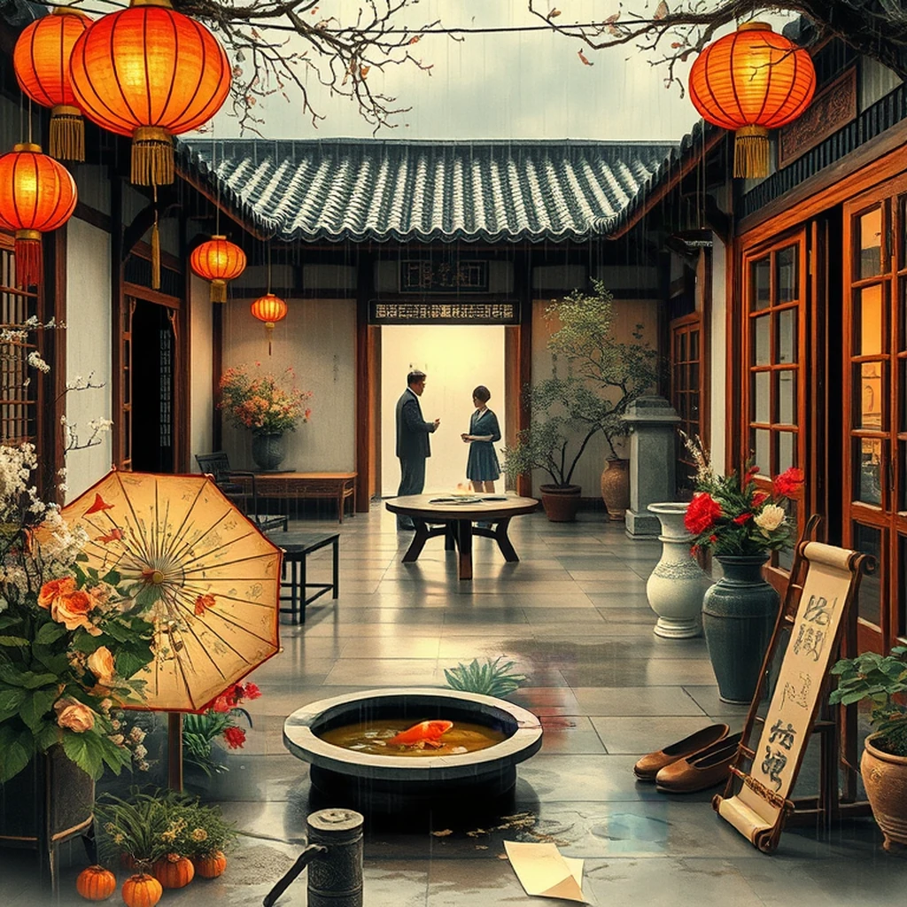 Image B of the puzzle: 1920s chinese courtyard garden party during spring festival