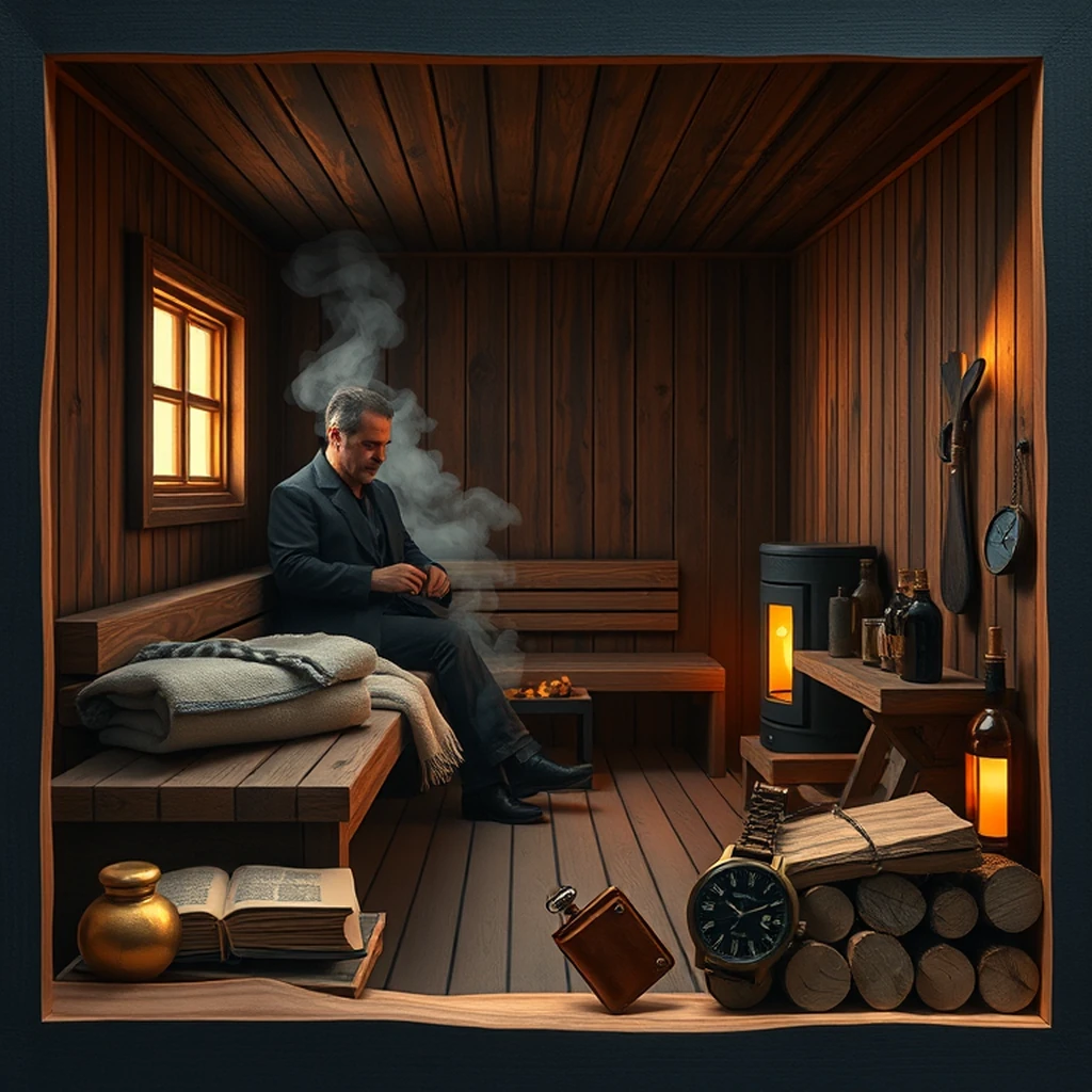 Image A of the puzzle: 1920s finnish sauna and steam room with wood-burning stove