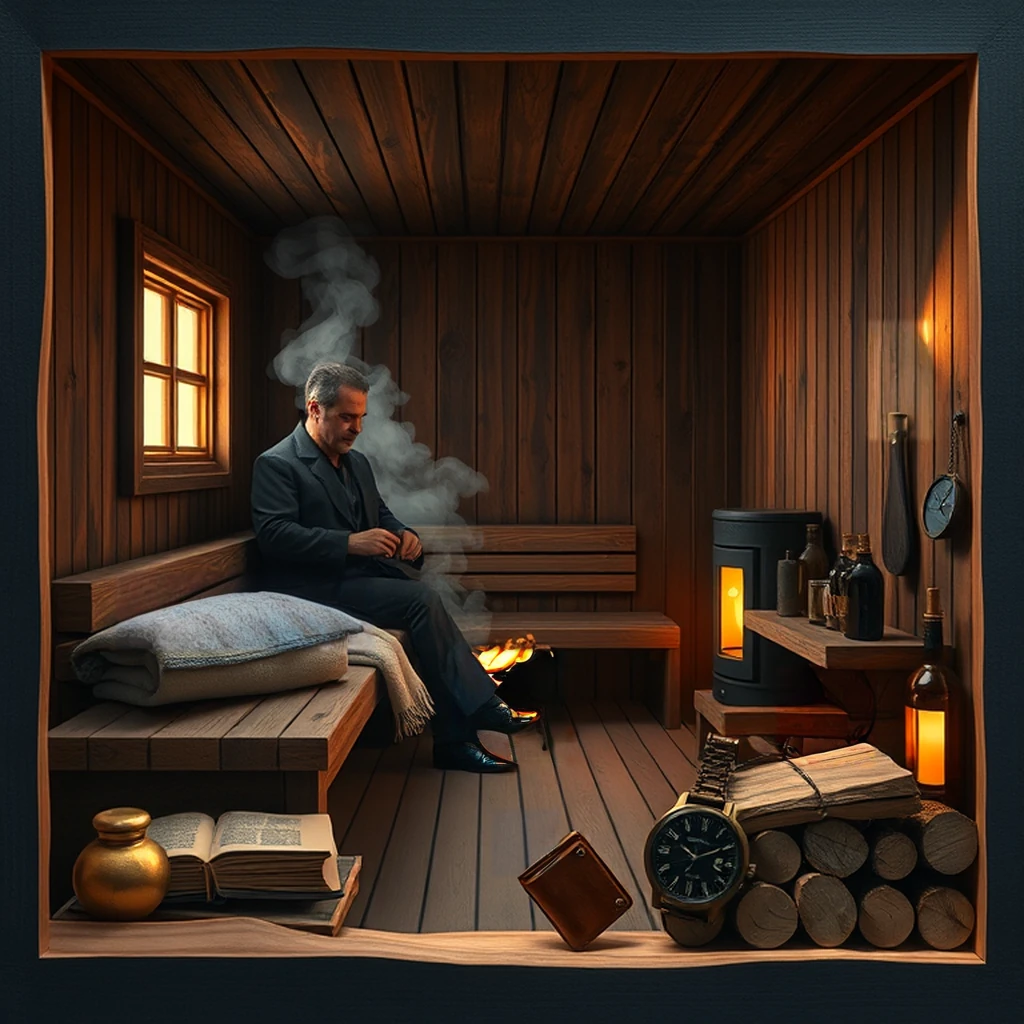 Image B of the puzzle: 1920s finnish sauna and steam room with wood-burning stove