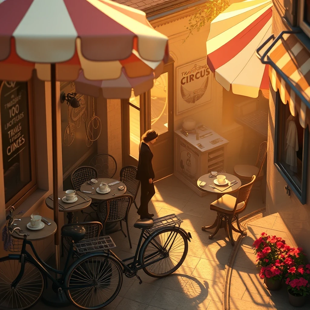 Image A of the puzzle: 1920s french bistro outdoor seating under umbrellas