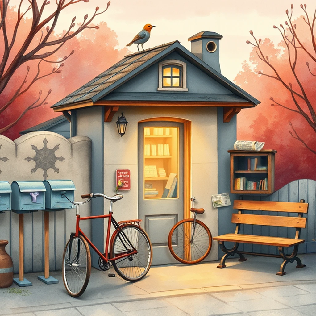 Image B of the puzzle: 1920s french countryside village post office with mailboxes and bicycles