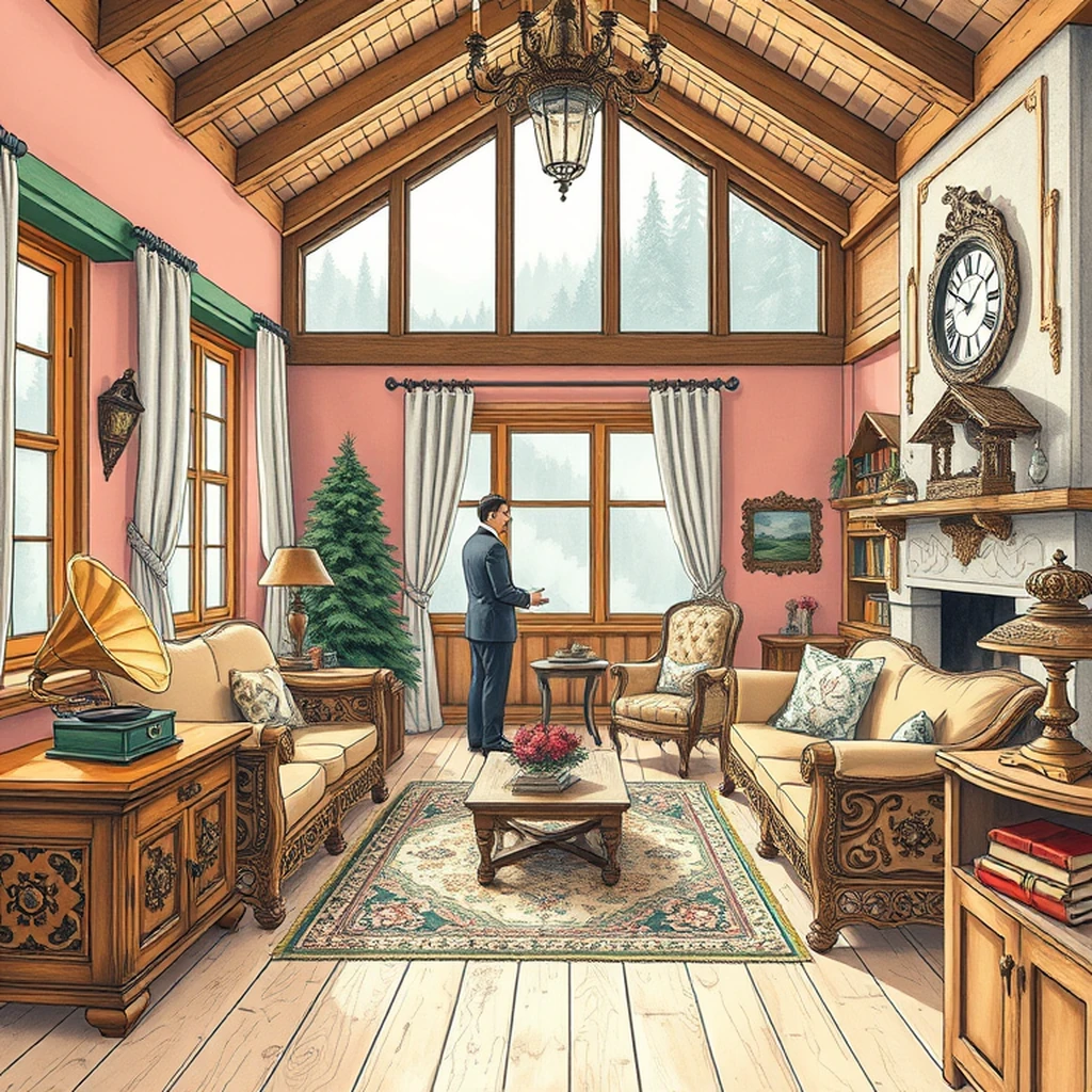 Image A of the puzzle: 1920s german alpine chalet living room with carved wooden furniture