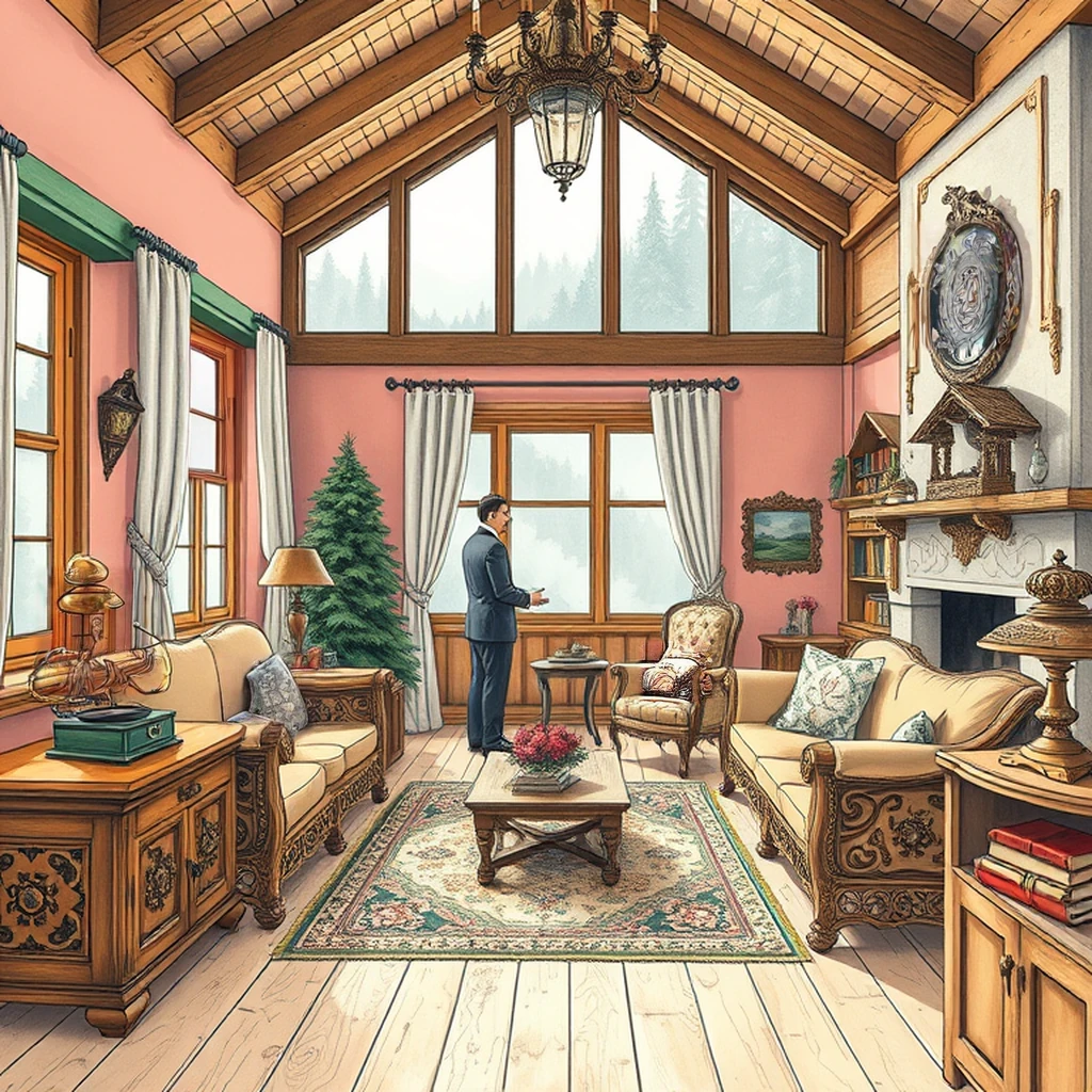 Image B of the puzzle: 1920s german alpine chalet living room with carved wooden furniture