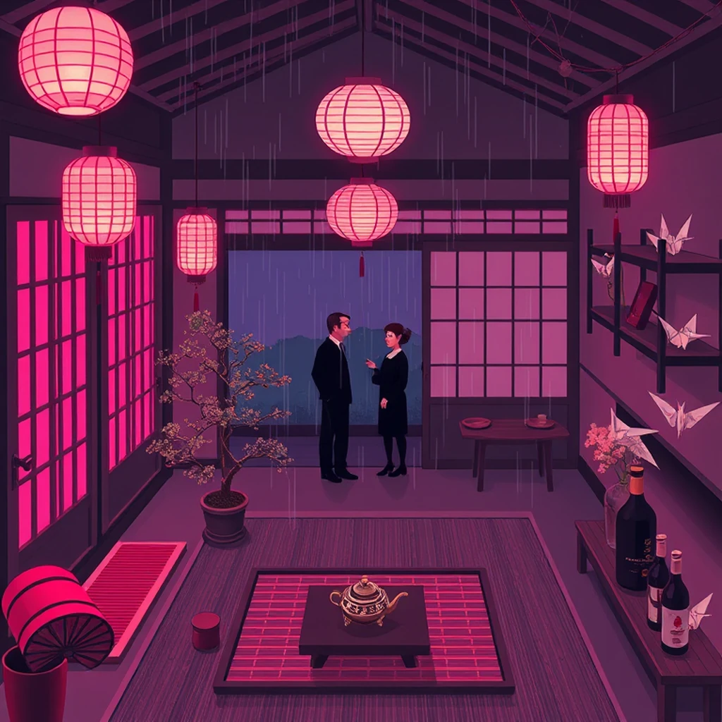 Image A of the puzzle: 1920s japanese countryside teahouse interior for quiet contemplation