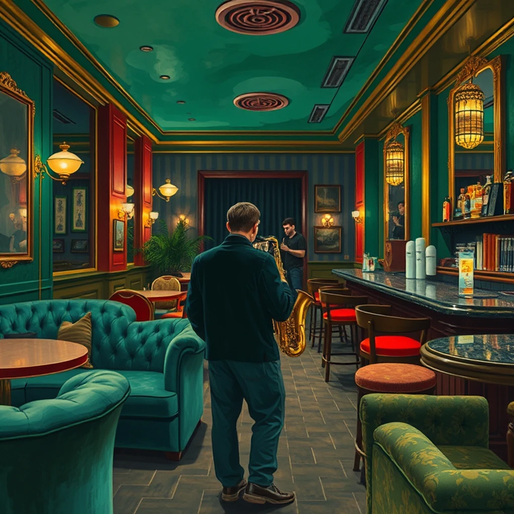 1920s jazz lounge in paris with velvet couches and live saxophone