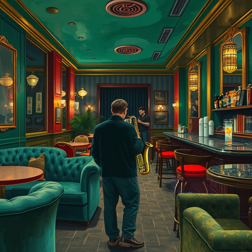 Image B of the puzzle: 1920s jazz lounge in paris with velvet couches and live saxophone