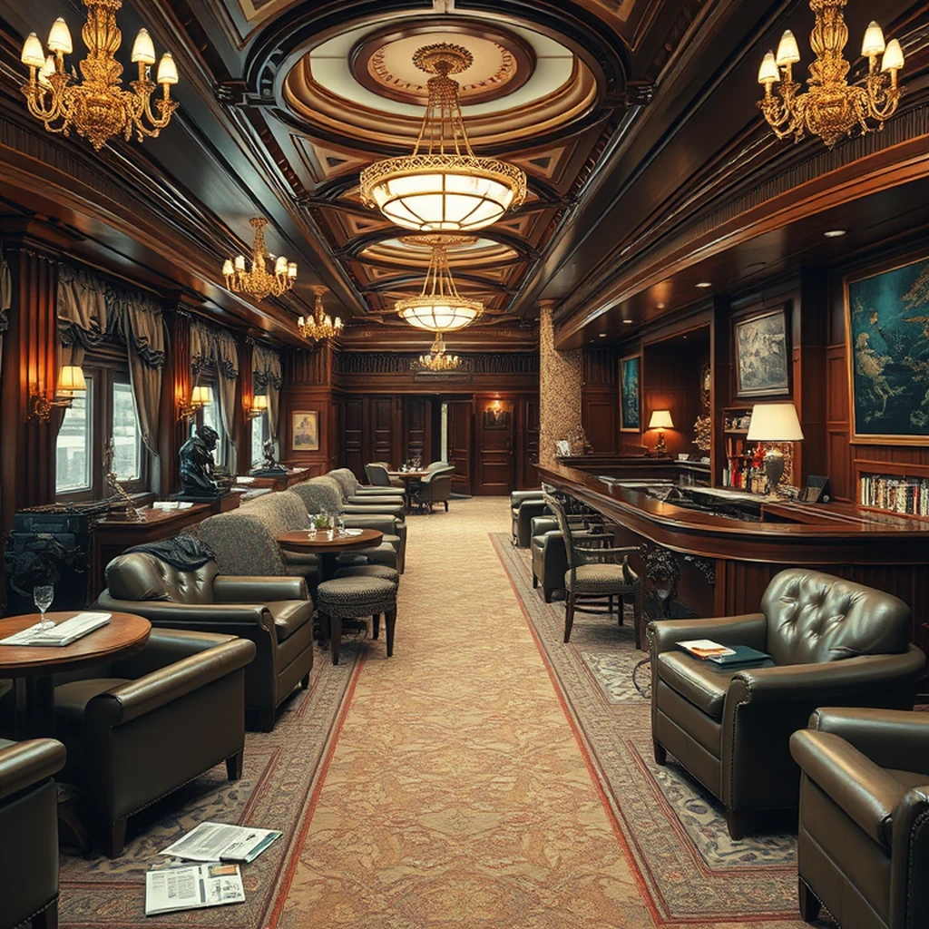 Image A of the puzzle: 1920s ocean liner first-class smoking room with mahogany paneling