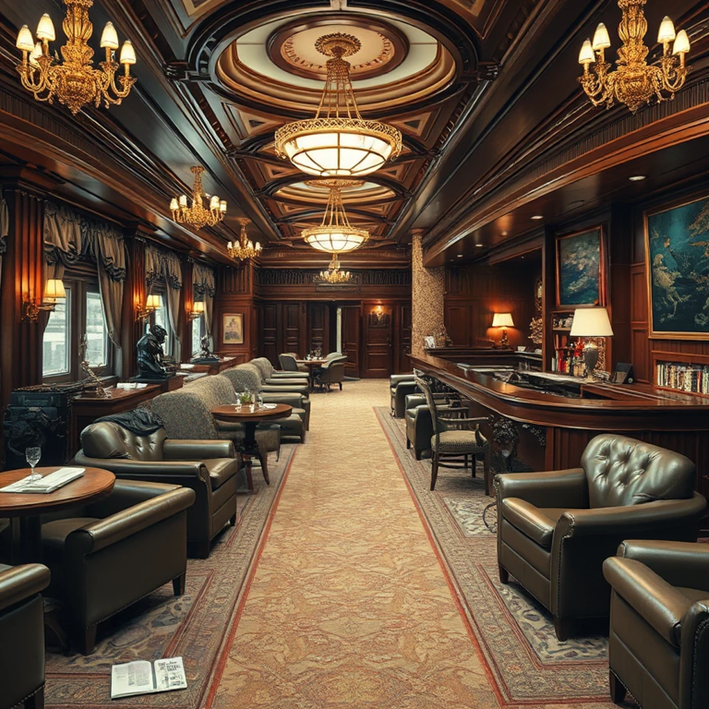 Image B of the puzzle: 1920s ocean liner first-class smoking room with mahogany paneling