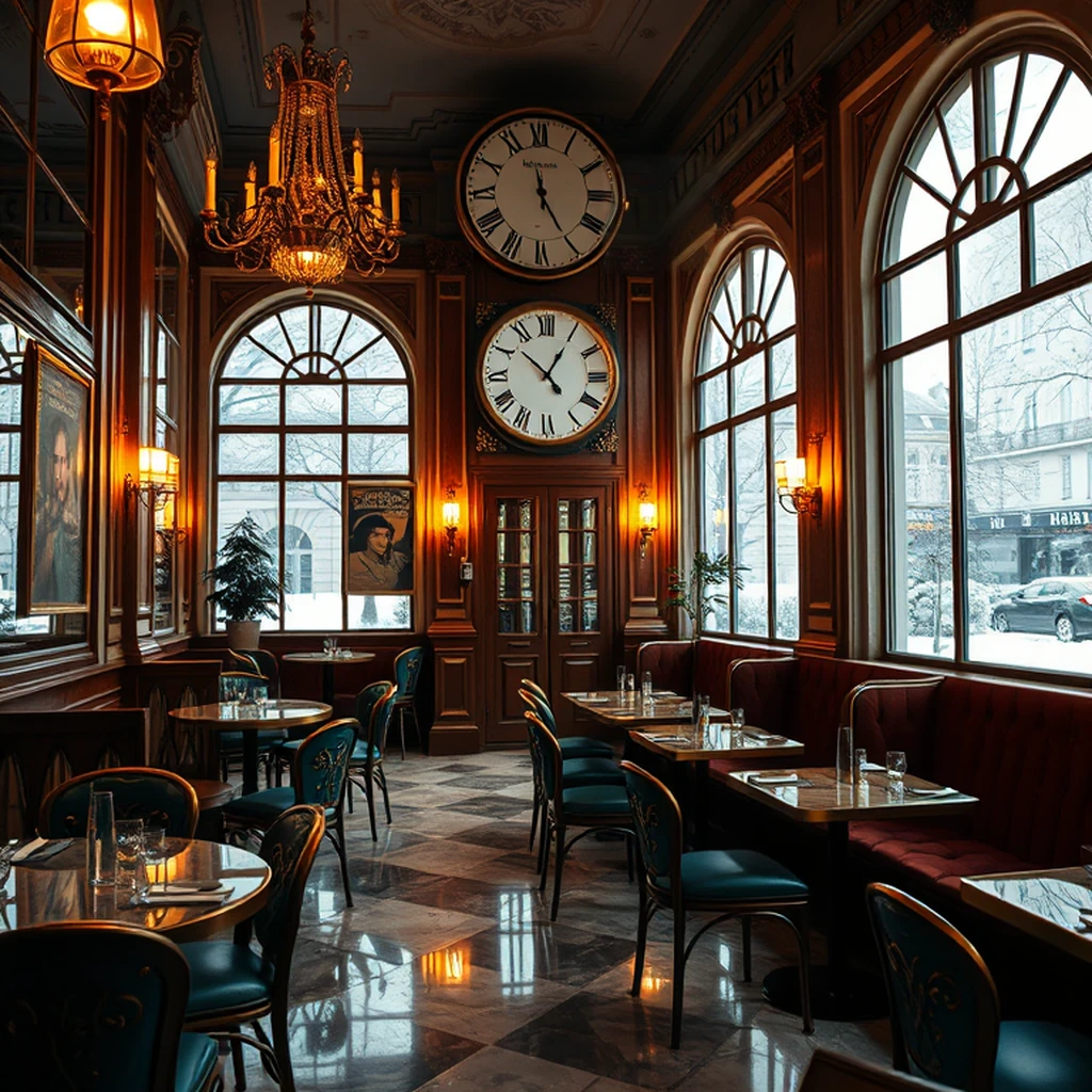 Image A of the puzzle: 1920s Parisian art deco cafe in winter