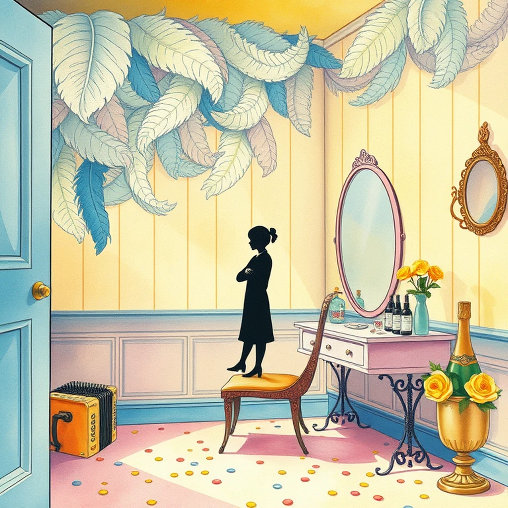 Image A of the puzzle: 1920s parisian cabaret dressing room with feather boas