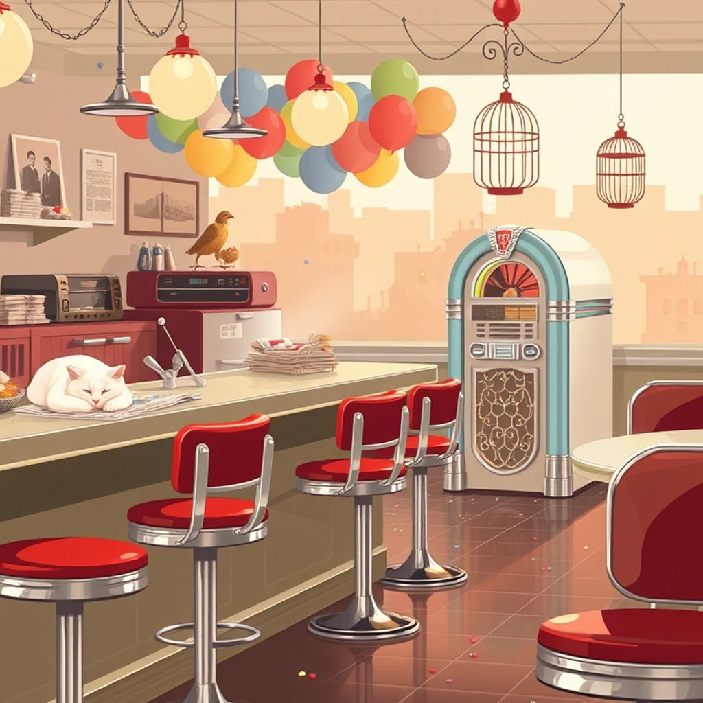 Image A of the puzzle: 1930s american diner counter with jukebox and chrome stools