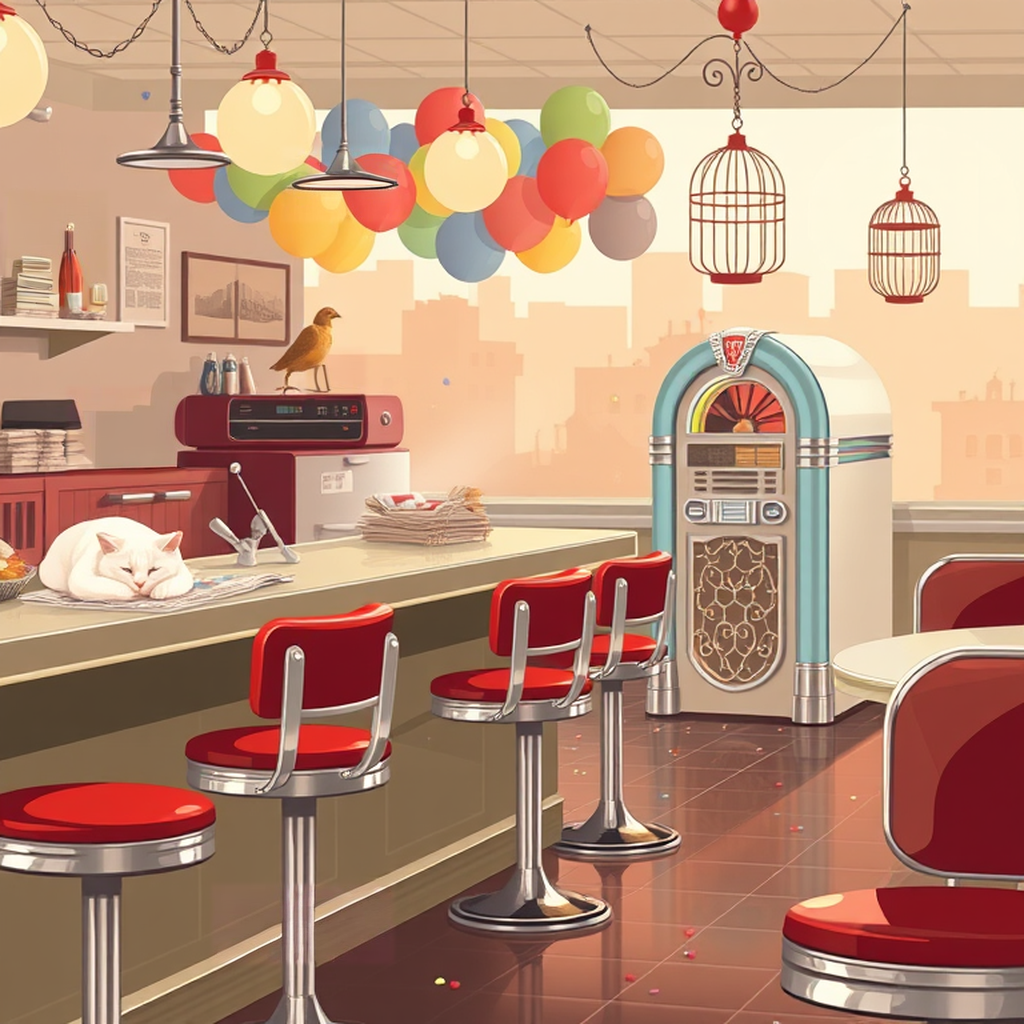 Image B of the puzzle: 1930s american diner counter with jukebox and chrome stools