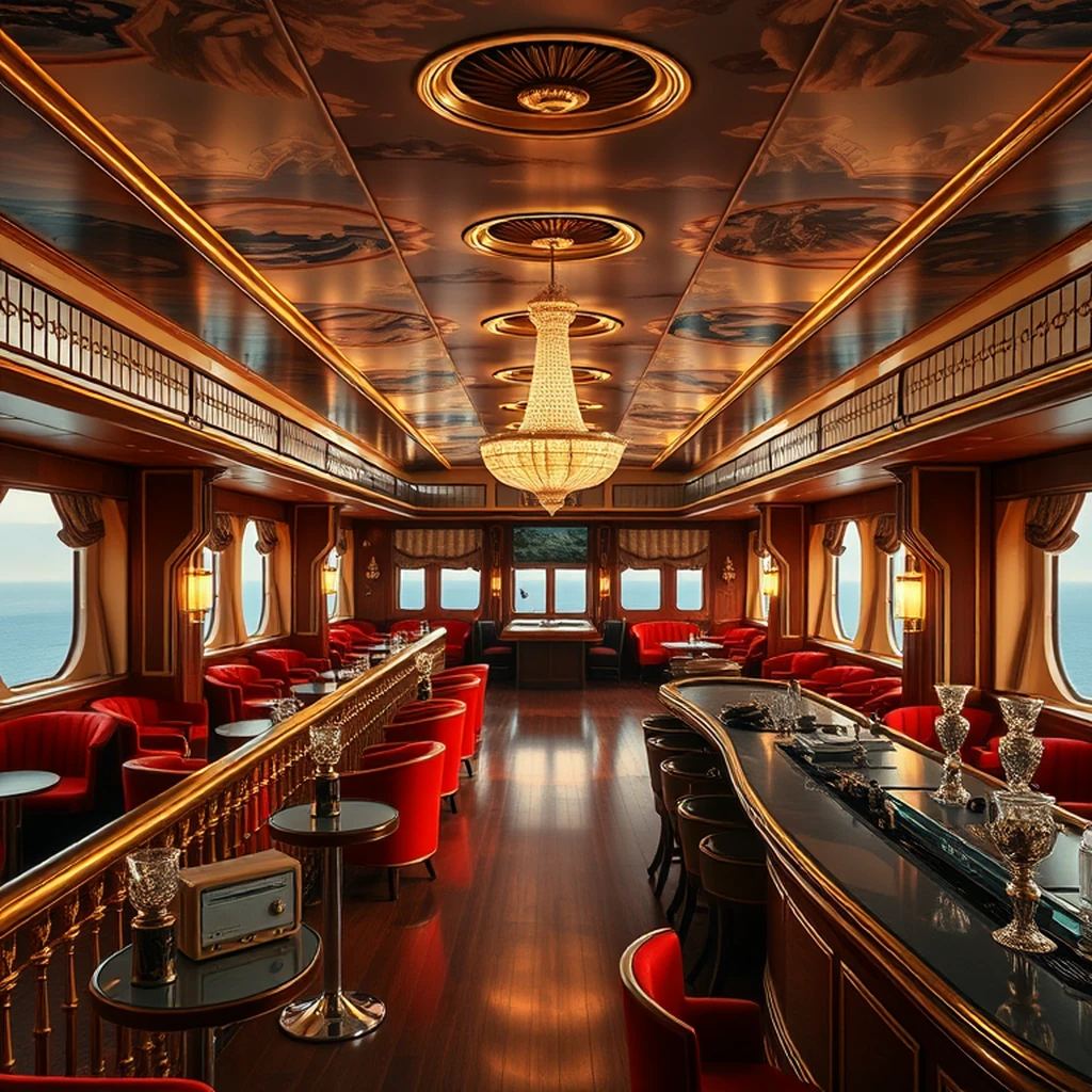 Image A of the puzzle: 1930s art deco ocean liner first class lounge with brass railings