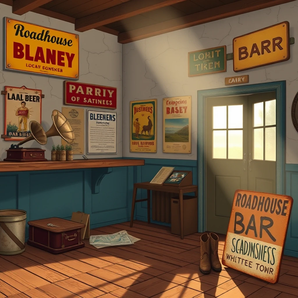 Image A of the puzzle: 1930s australian outback roadhouse bar with vintage advertisements