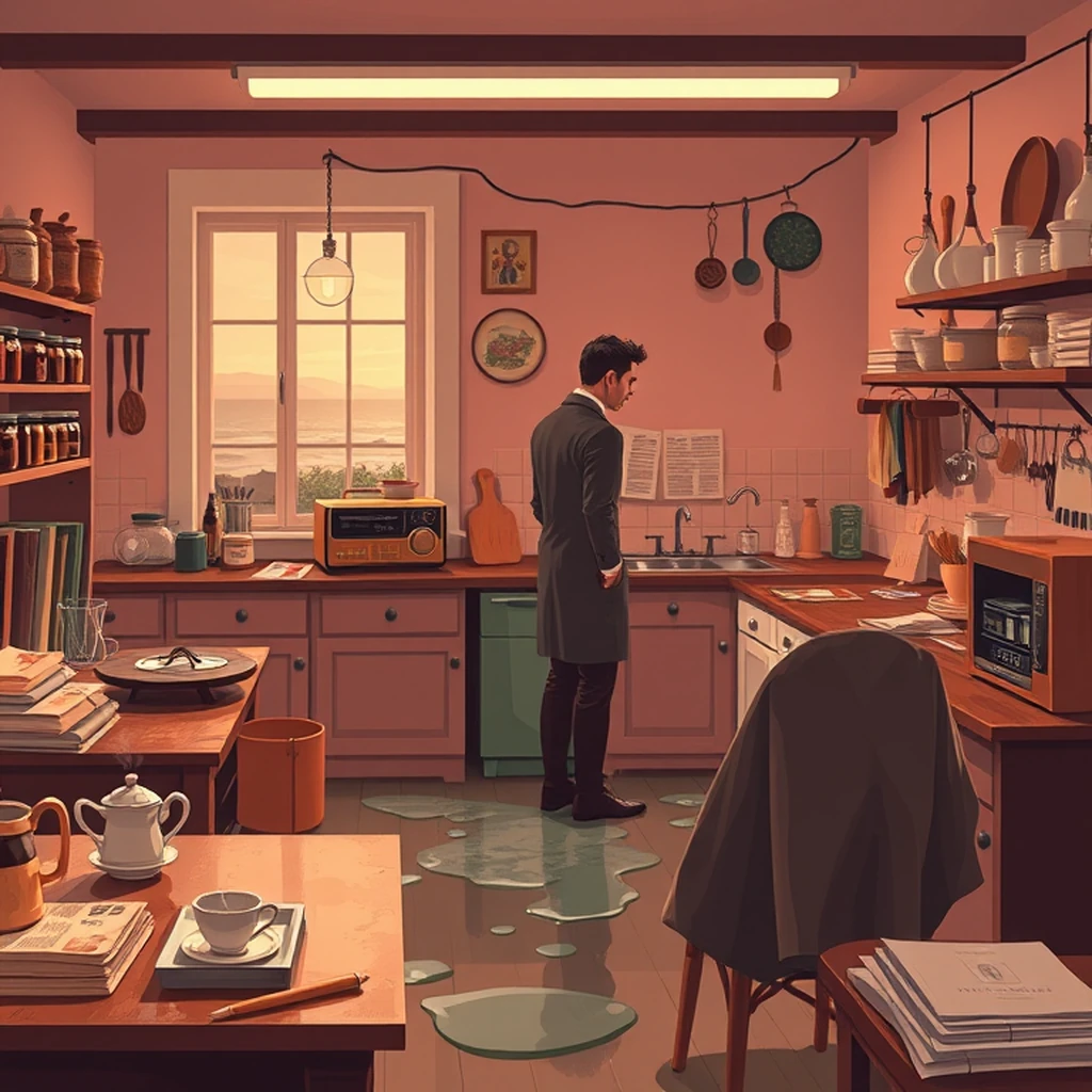 Image A of the puzzle: 1930s british seaside holiday cottage kitchen in autumn