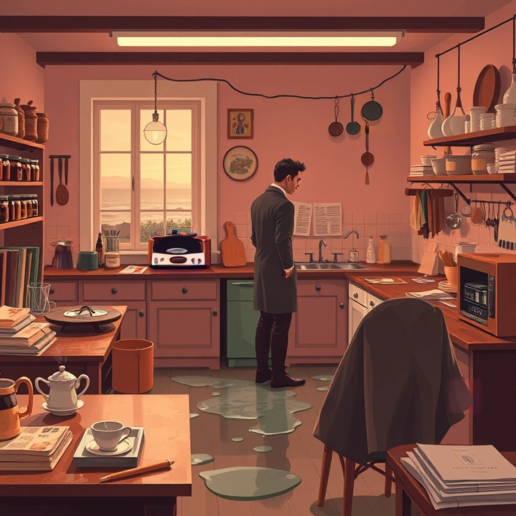 Image B of the puzzle: 1930s british seaside holiday cottage kitchen in autumn