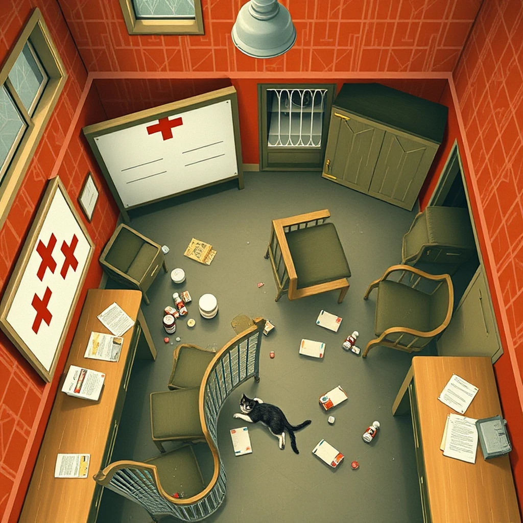 Image A of the puzzle: 1930s british wartime hospital nurses' station with red crosses