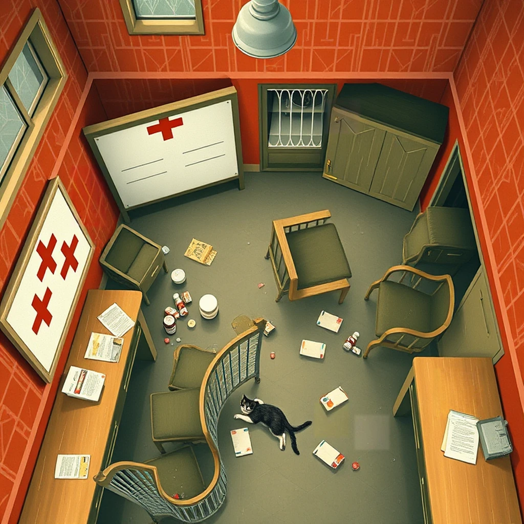 Image B of the puzzle: 1930s british wartime hospital nurses' station with red crosses