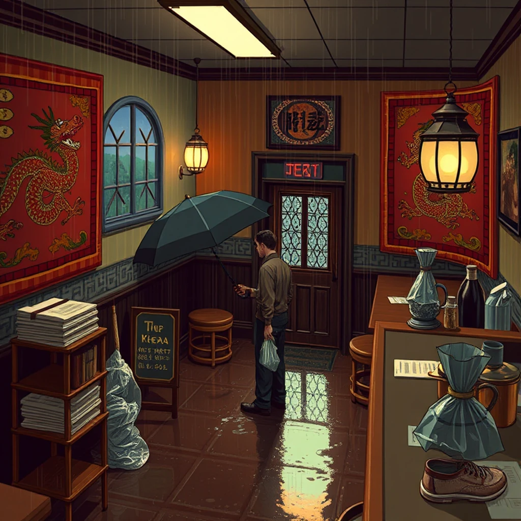 Image A of the puzzle: 1930s chinese restaurant in san francisco with dragon tapestries