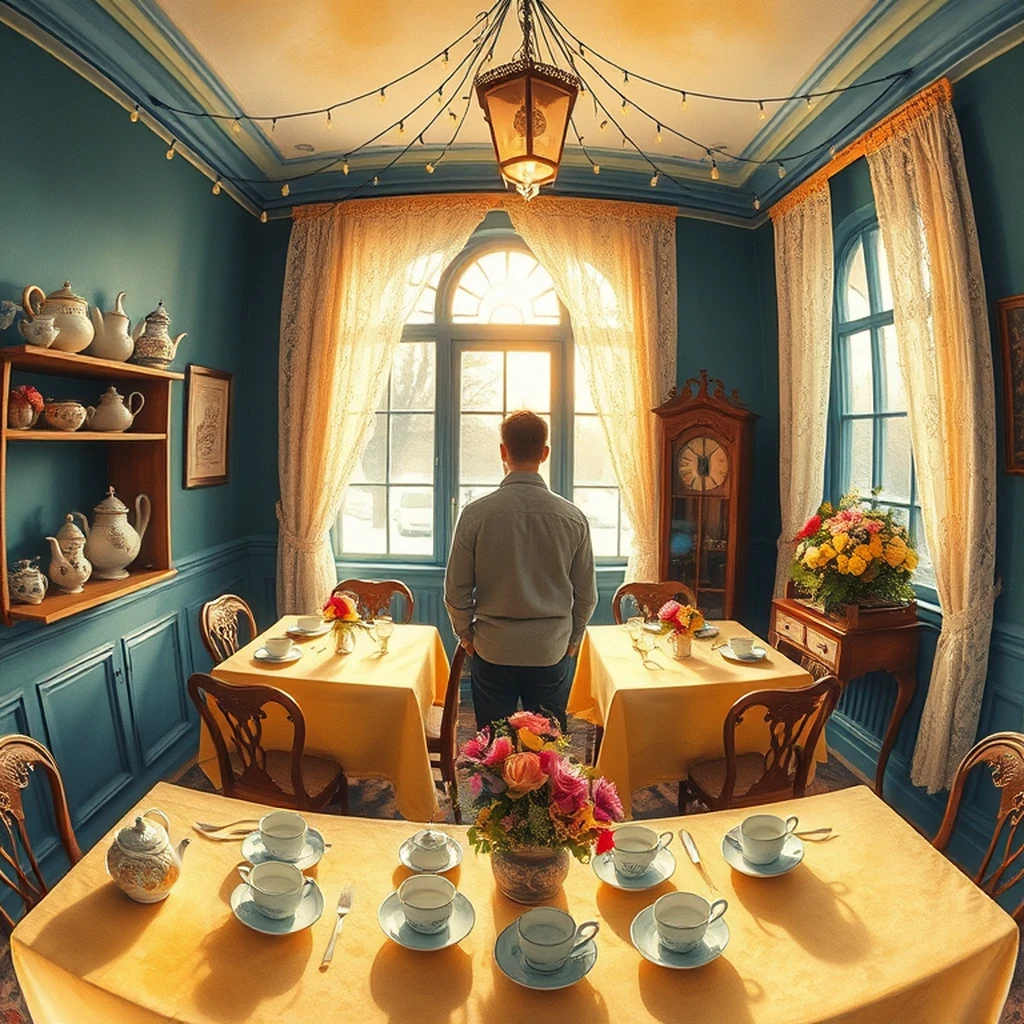 Image A of the puzzle: 1930s english countryside tea room with lace curtains and scones