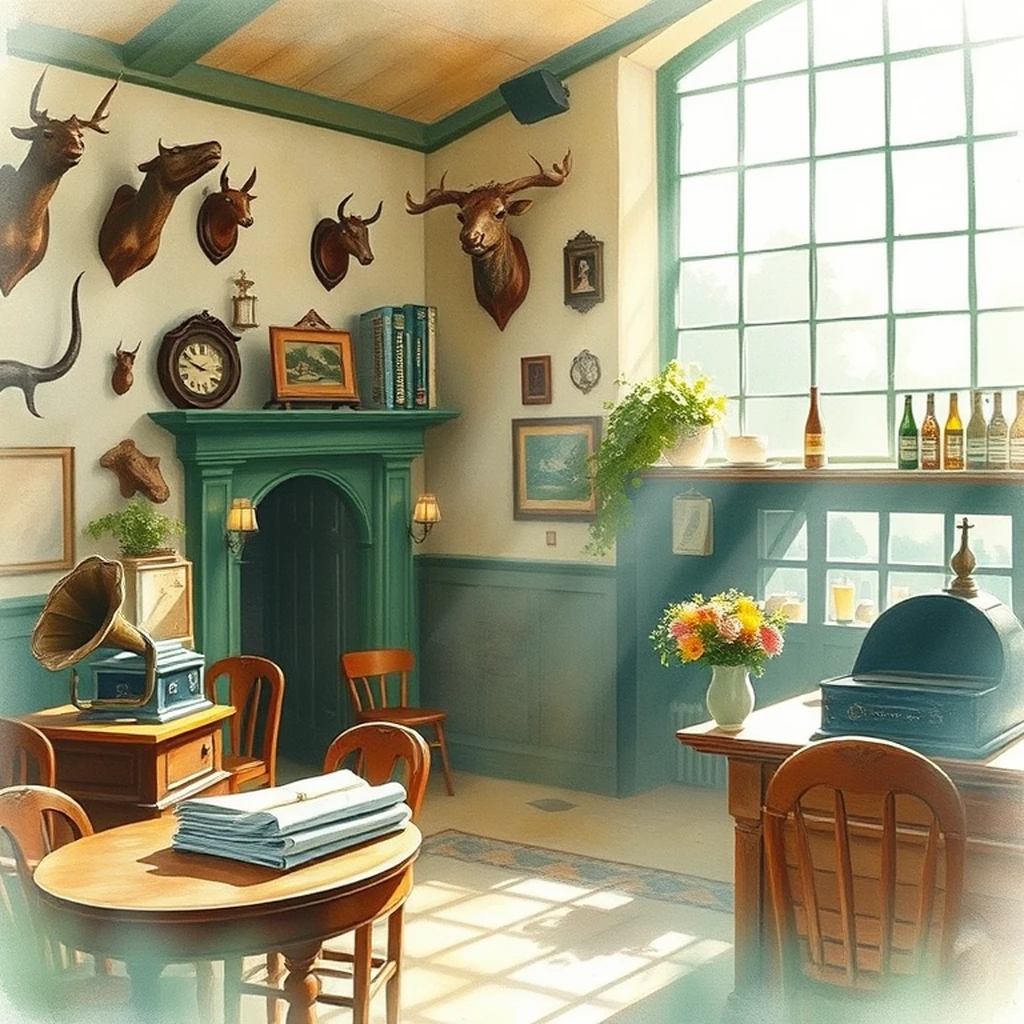Image A of the puzzle: 1930s english countryside village pub with hunting trophies