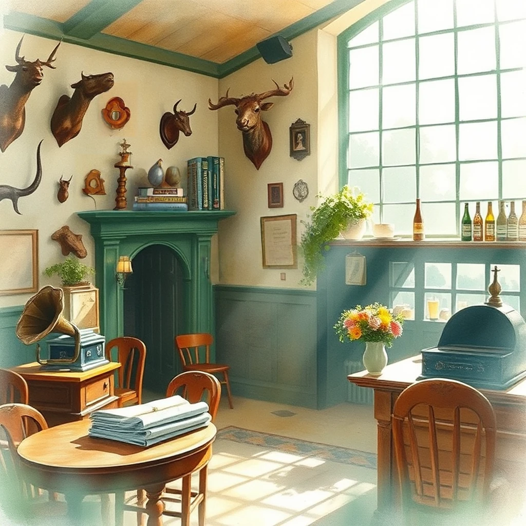 Image B of the puzzle: 1930s english countryside village pub with hunting trophies