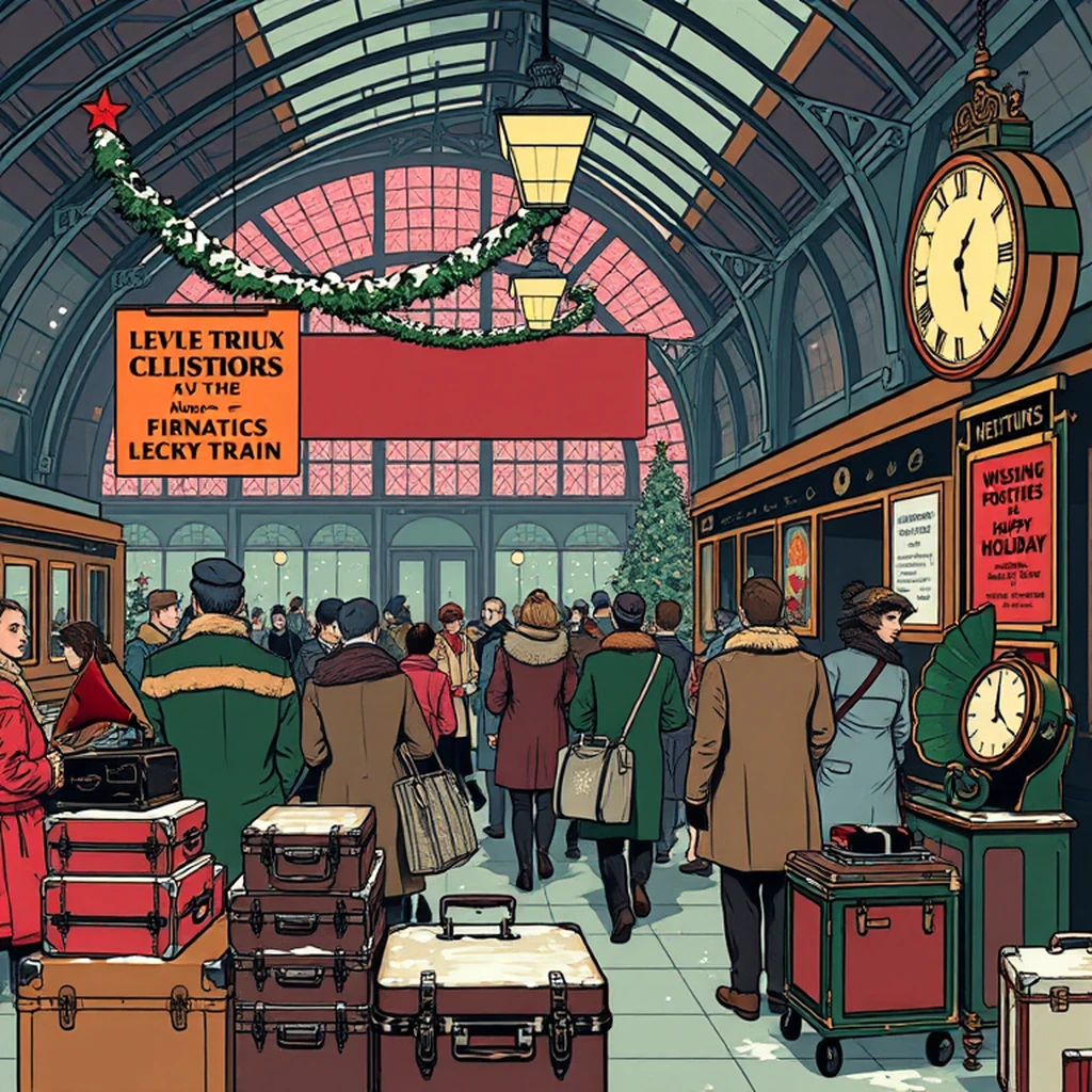 Image A of the puzzle: 1930s european train station waiting area with luggage carts