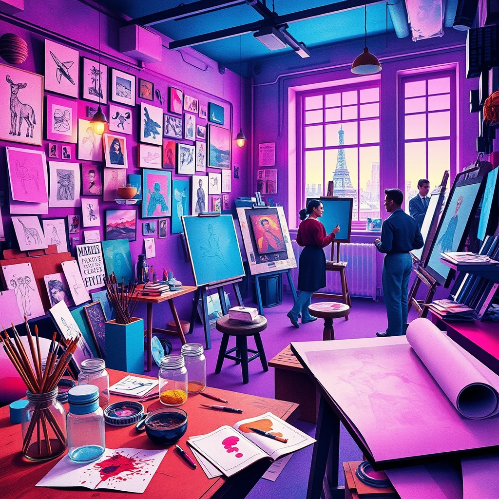 1930s french artist's studio in montmartre with easels and paints