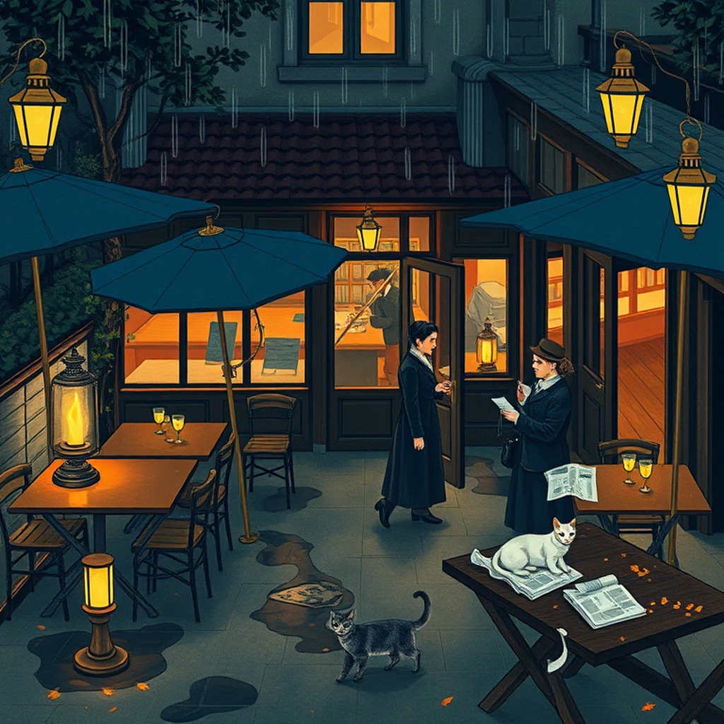 Image A of the puzzle: 1930s french countryside bistro outdoor patio in autumn