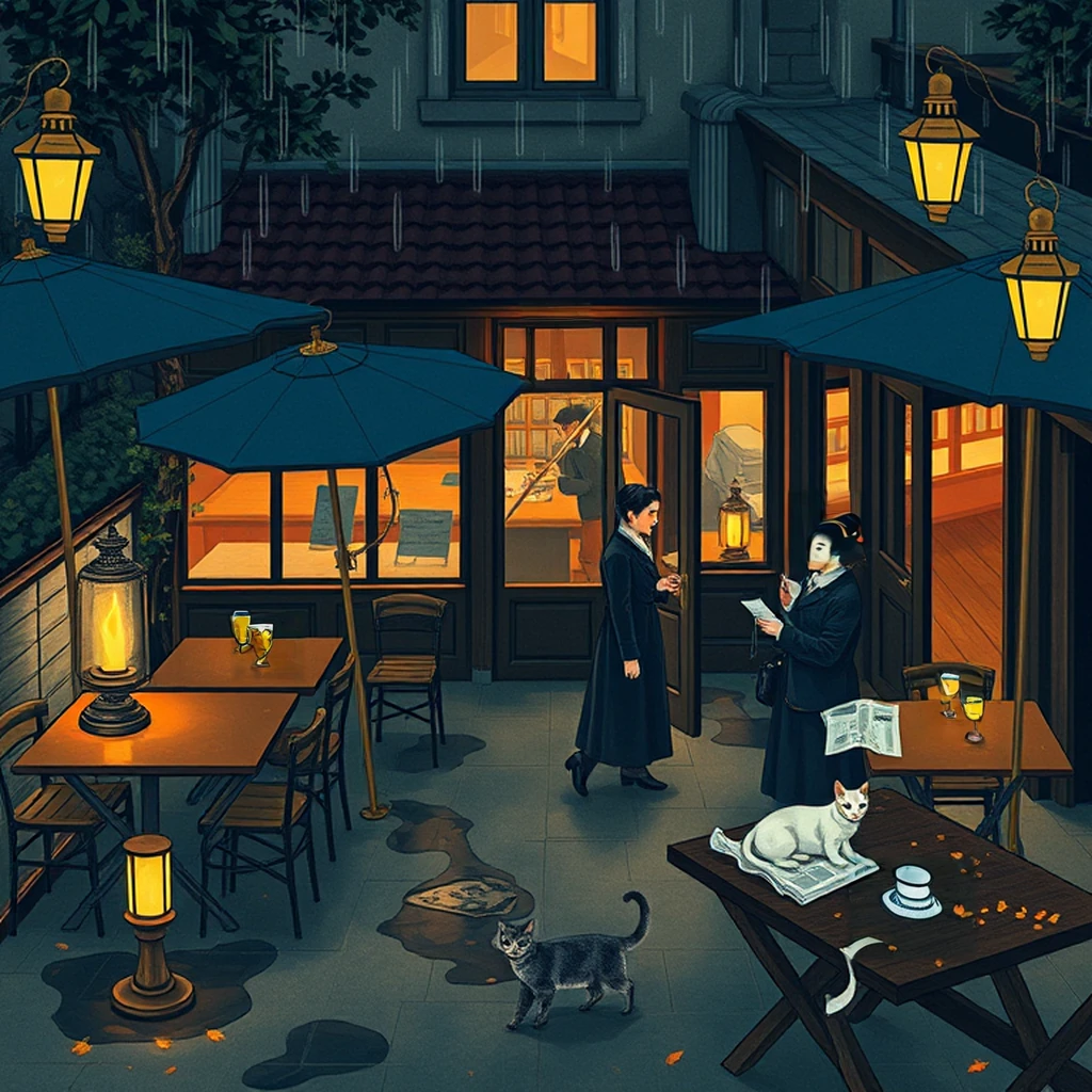 Image B of the puzzle: 1930s french countryside bistro outdoor patio in autumn