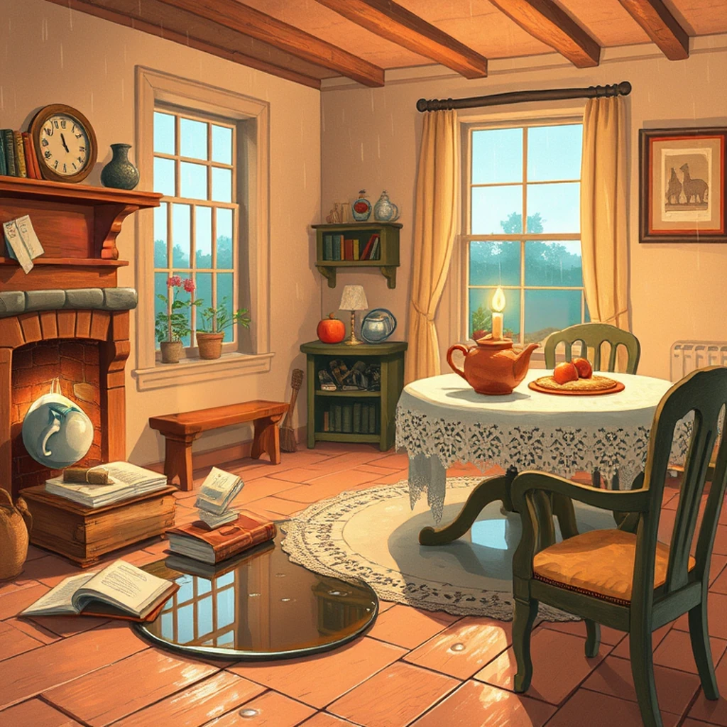 Image B of the puzzle: 1930s irish countryside cottage dining room with lace tablecloth