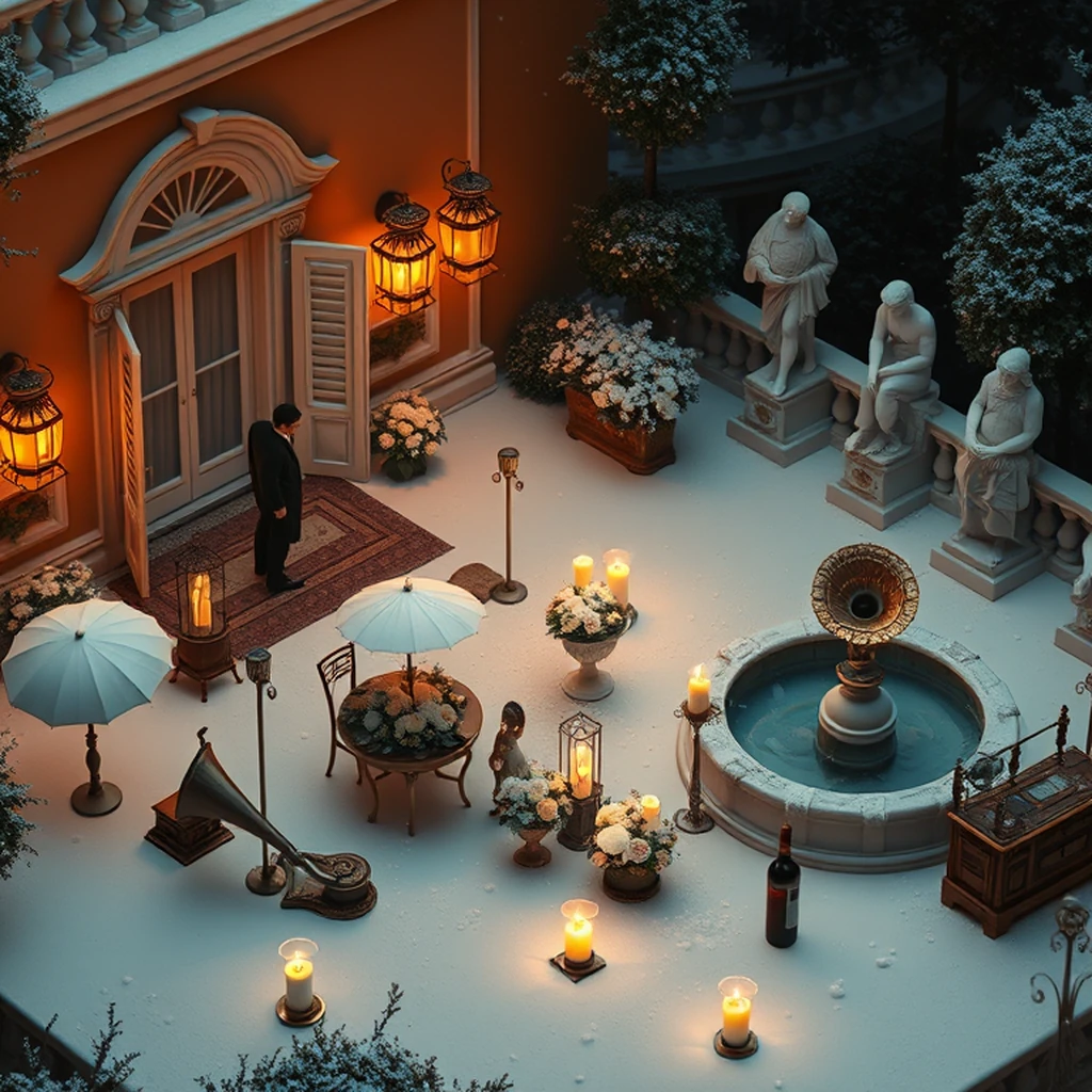 Image A of the puzzle: 1930s italian villa garden party with marble statues and parasols