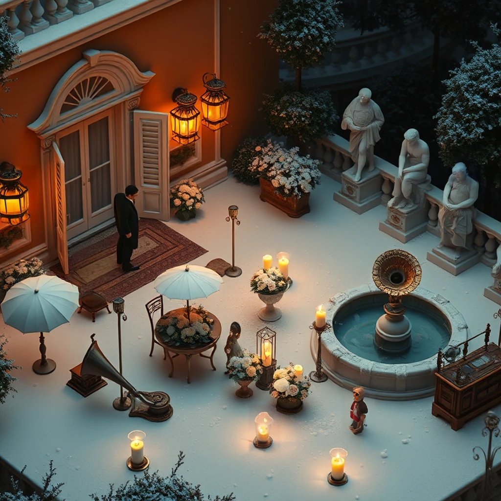 Image B of the puzzle: 1930s italian villa garden party with marble statues and parasols