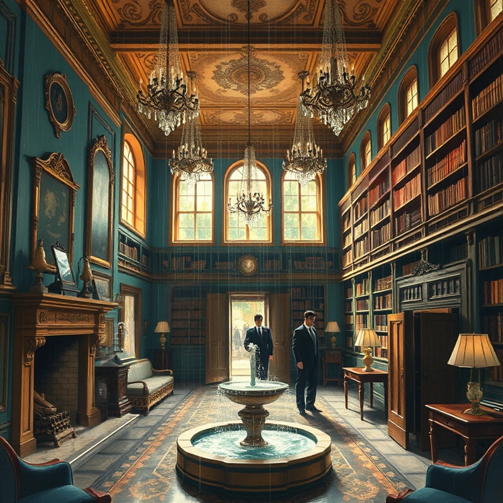 Image B of the puzzle: 1930s italian villa library with leather-bound books and fireplace