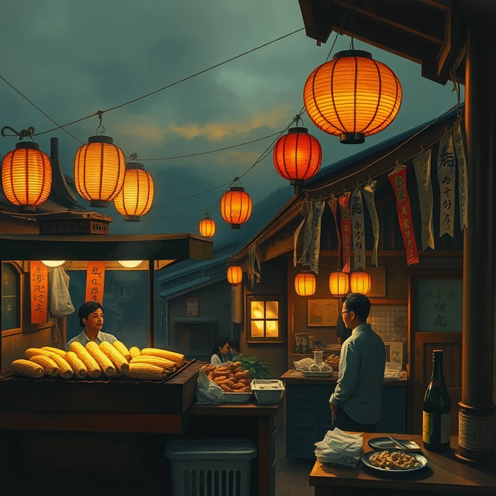 1930s japanese summer festival food stall with grilled corn