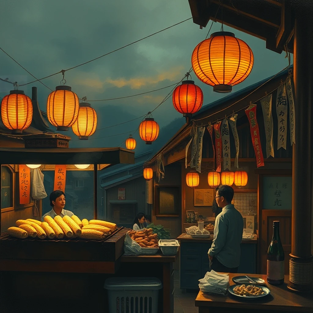 Image B of the puzzle: 1930s japanese summer festival food stall with grilled corn