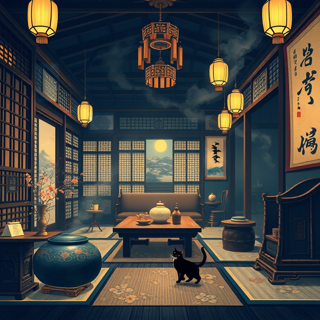 Image B of the puzzle: 1930s japanese tea house interior with bamboo furniture