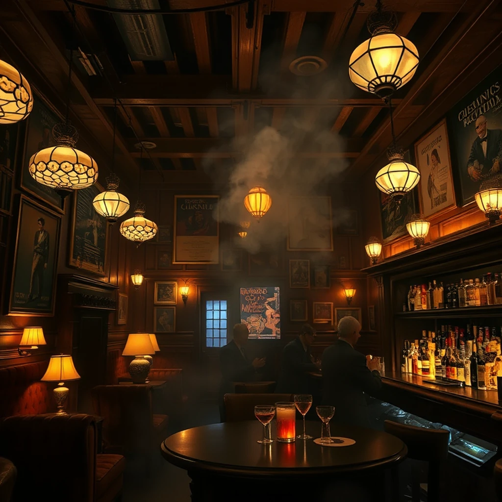 Image A of the puzzle: 1930s Manhattan speakeasy basement with Tiffany lamps and brass coat racks