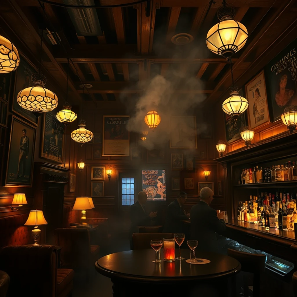 Image B of the puzzle: 1930s Manhattan speakeasy basement with Tiffany lamps and brass coat racks