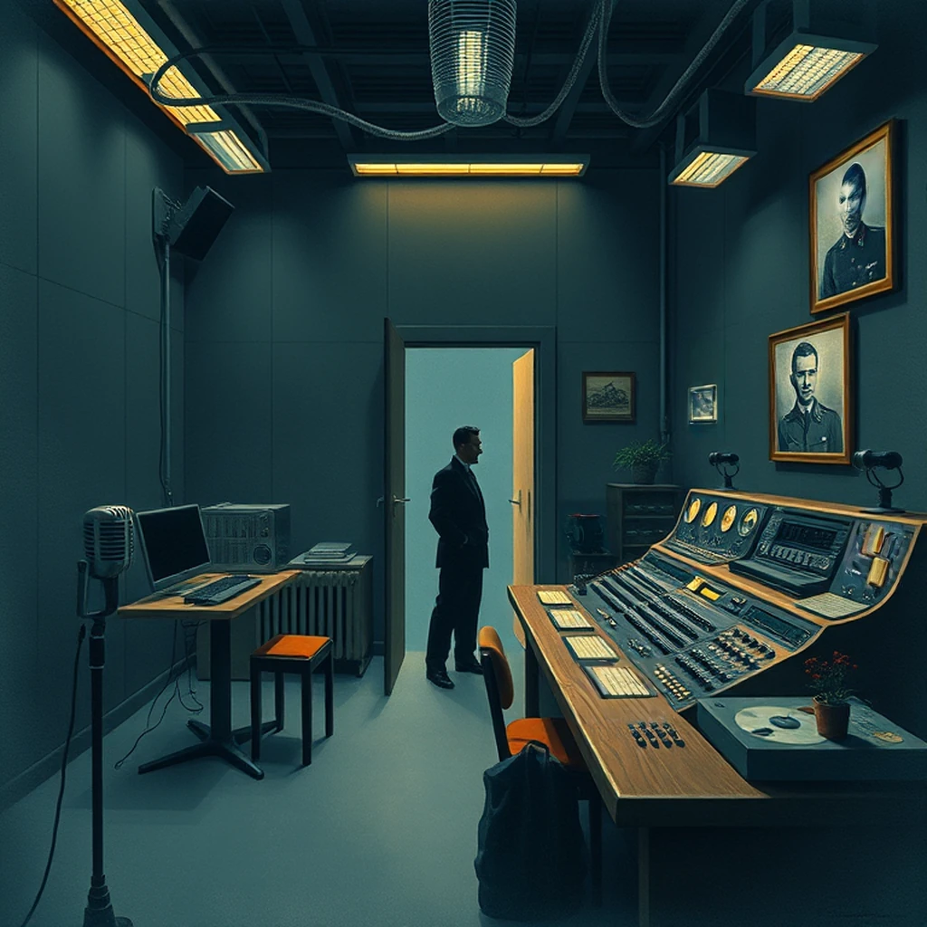 Image B of the puzzle: 1940s berlin radio station control room with large console