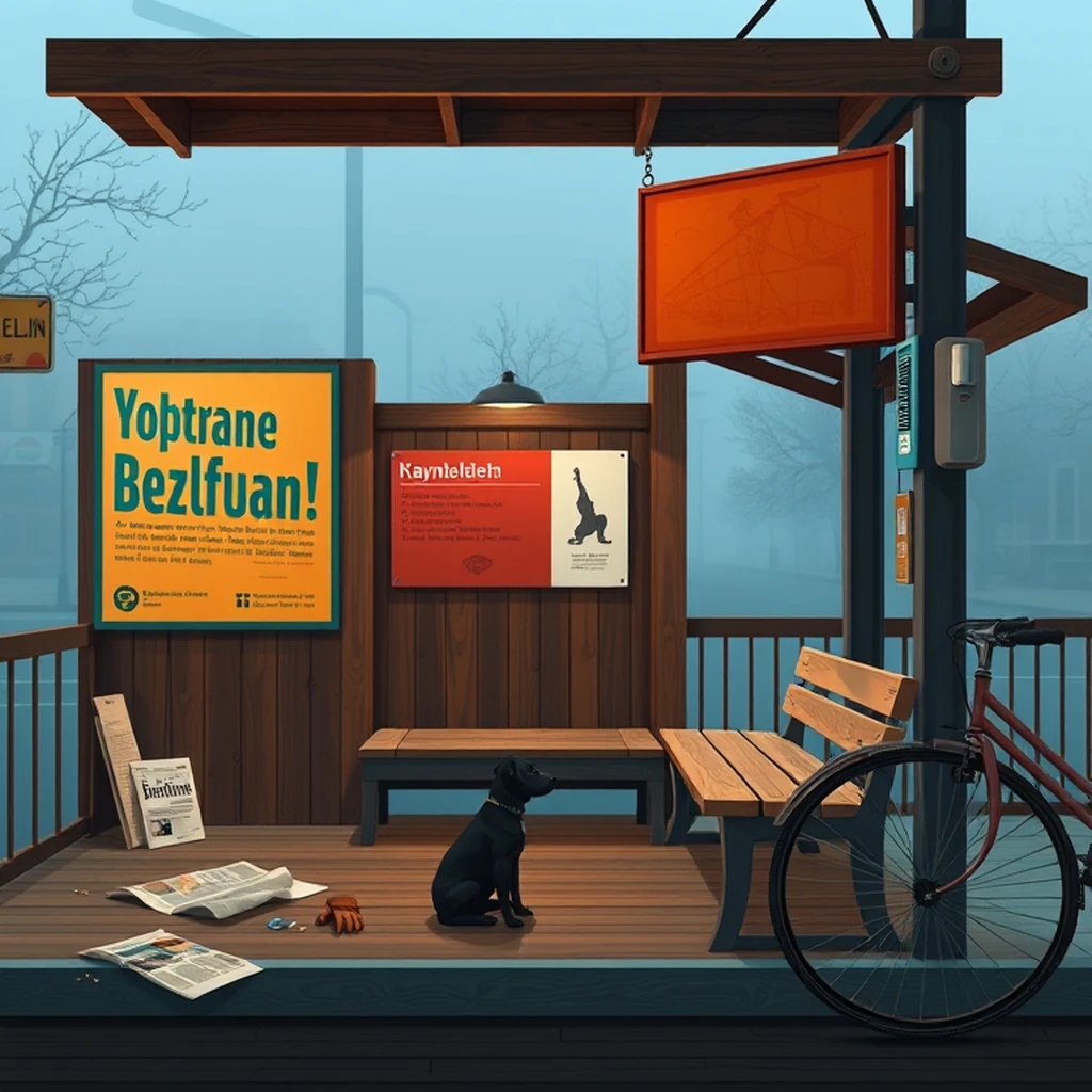 Image A of the puzzle: 1940s berlin tram stop with wooden benches and vintage advertisements